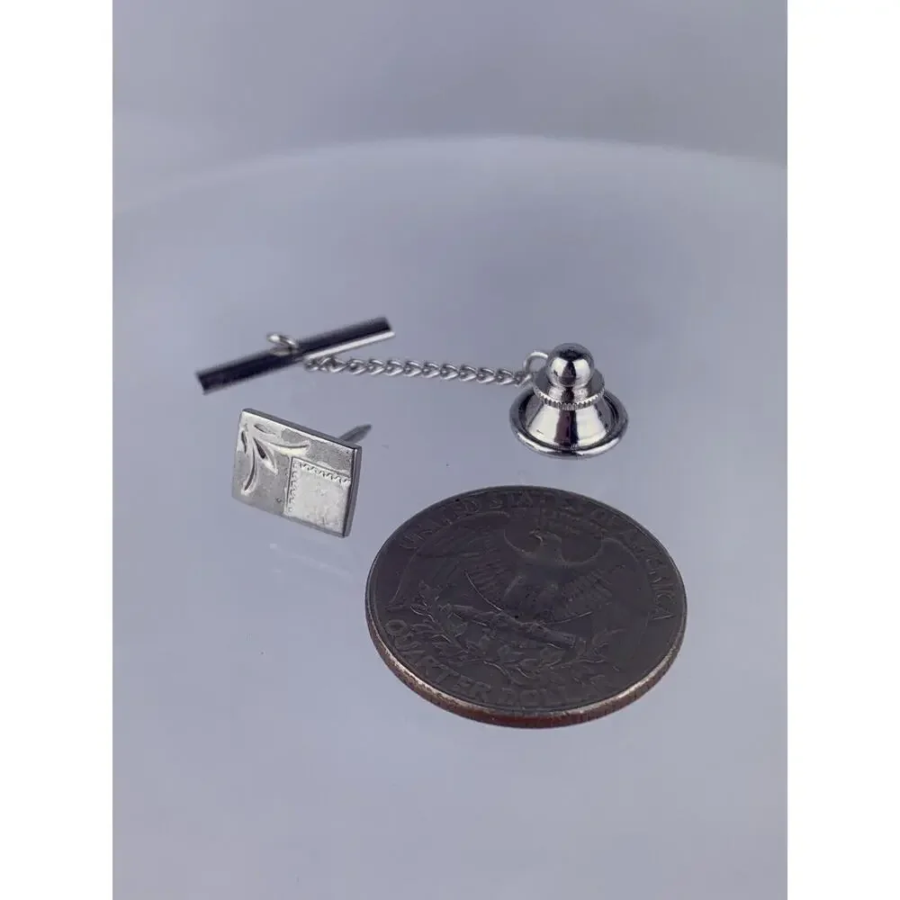 Square Simple Sterling Silver Tie Tack Pin Carved Brushed Metal Marked Vintage